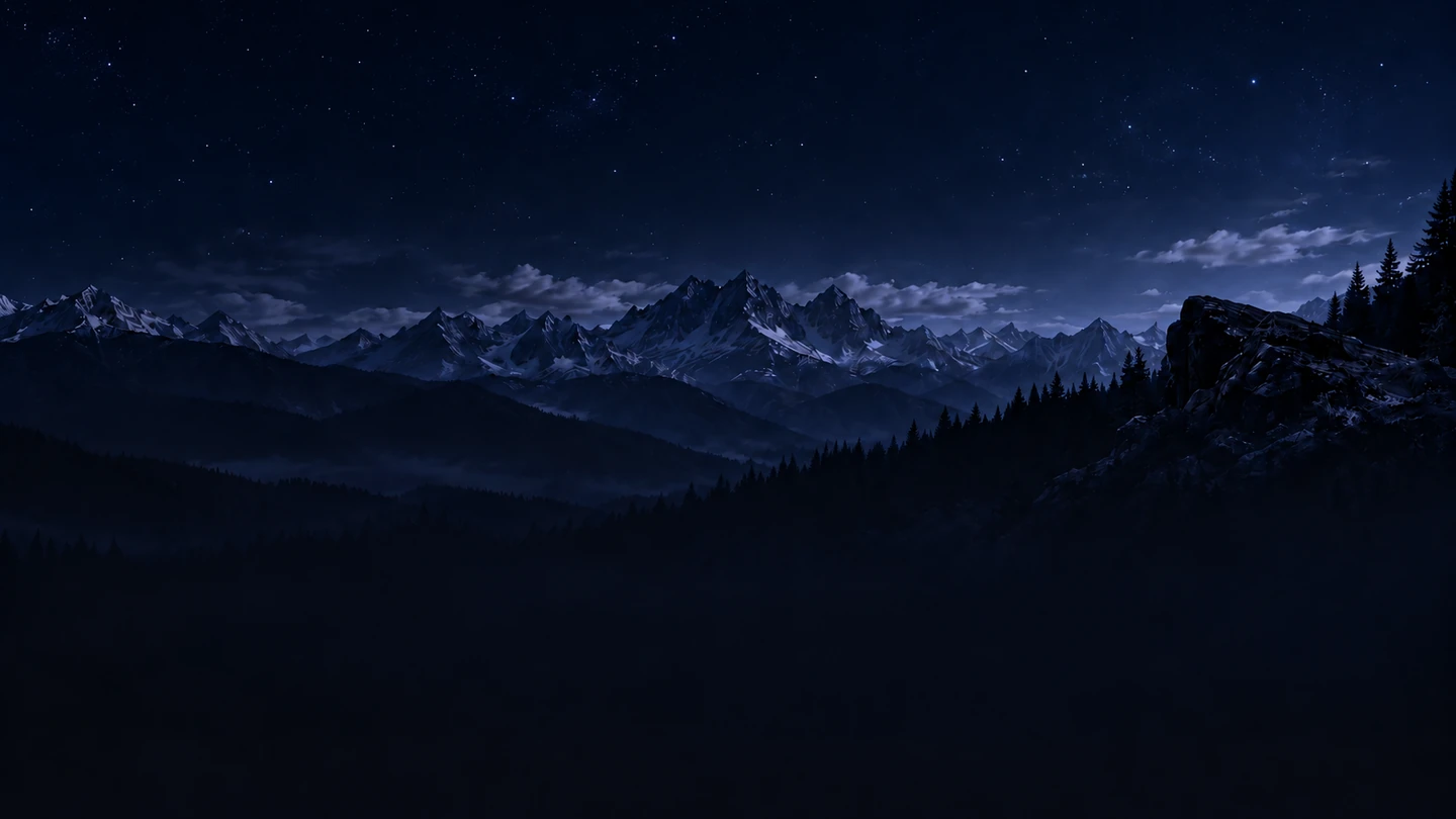 Snow-lit mountains and a pine forest beneath a star-filled night sky