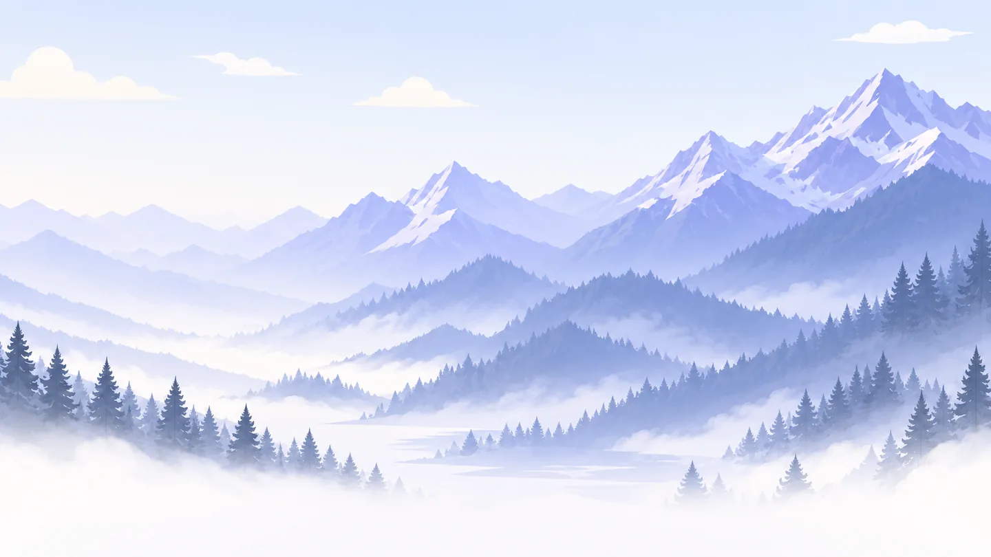 Snow-capped mountains and a pine forest in morning mist beneath a pale sky
