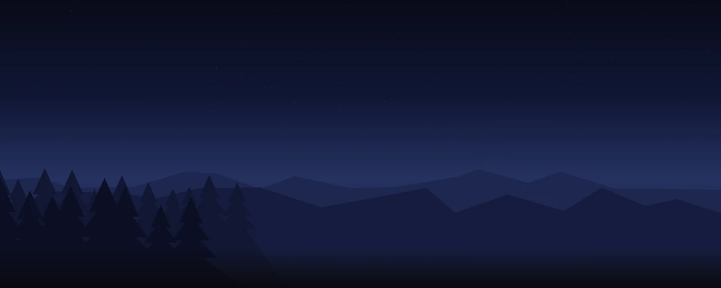 A pine forest and mountains beneath a star-filled night sky