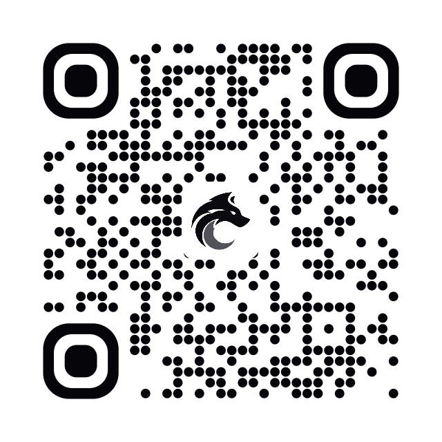 QR code in circle modules, near-black ink, wolf-head logo in the center. Scanning it opens ironfang.uk/renderwolf.