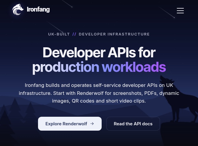 A full-page screenshot of ironfang.uk rendered by the Renderwolf API