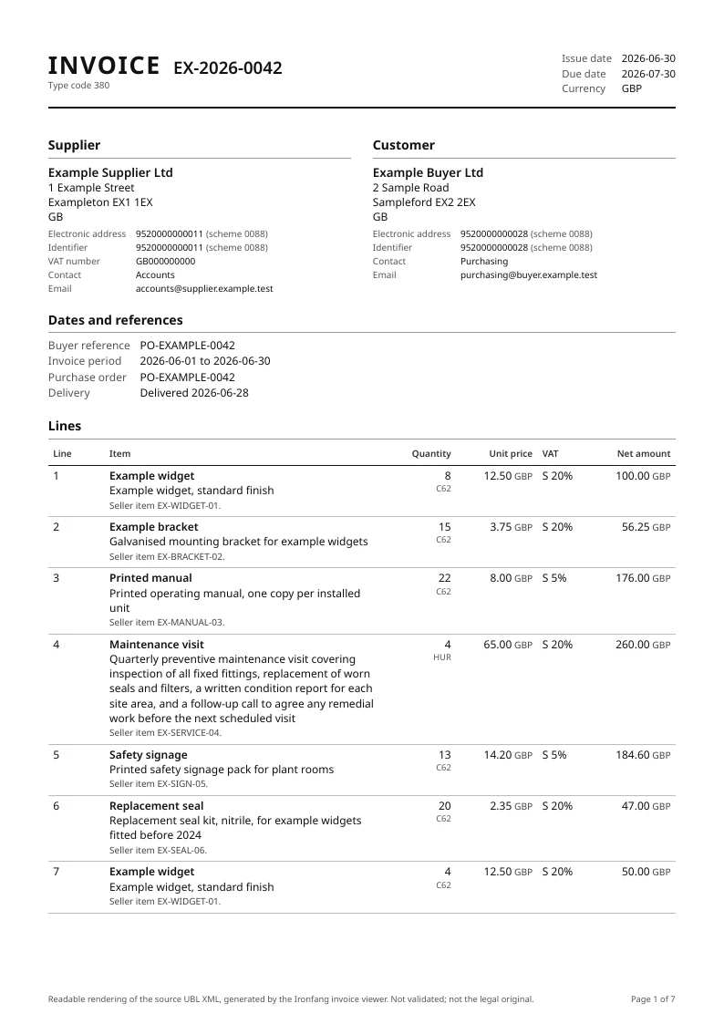 Page 1 of the example PDF: the invoice heading, supplier and customer, and the first invoice lines.